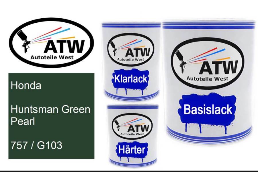 Honda, Huntsman Green Pearl, 757 / G103: 1L Lackdose + 1L Klarlack + 500ml Härter - Set, von ATW Autoteile West.